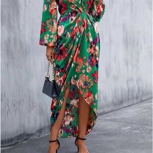 SHEIN Green Floral Wrap Dress with Bishop Sleeves